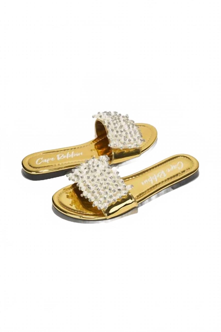 NEW CAPE ROBBIN women's fara pearl studded flat sandal in gold - Picture 6 of 6